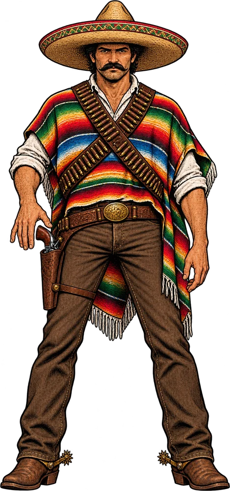 Pancho Ruiz, mit Sombrero und buntem Poncho